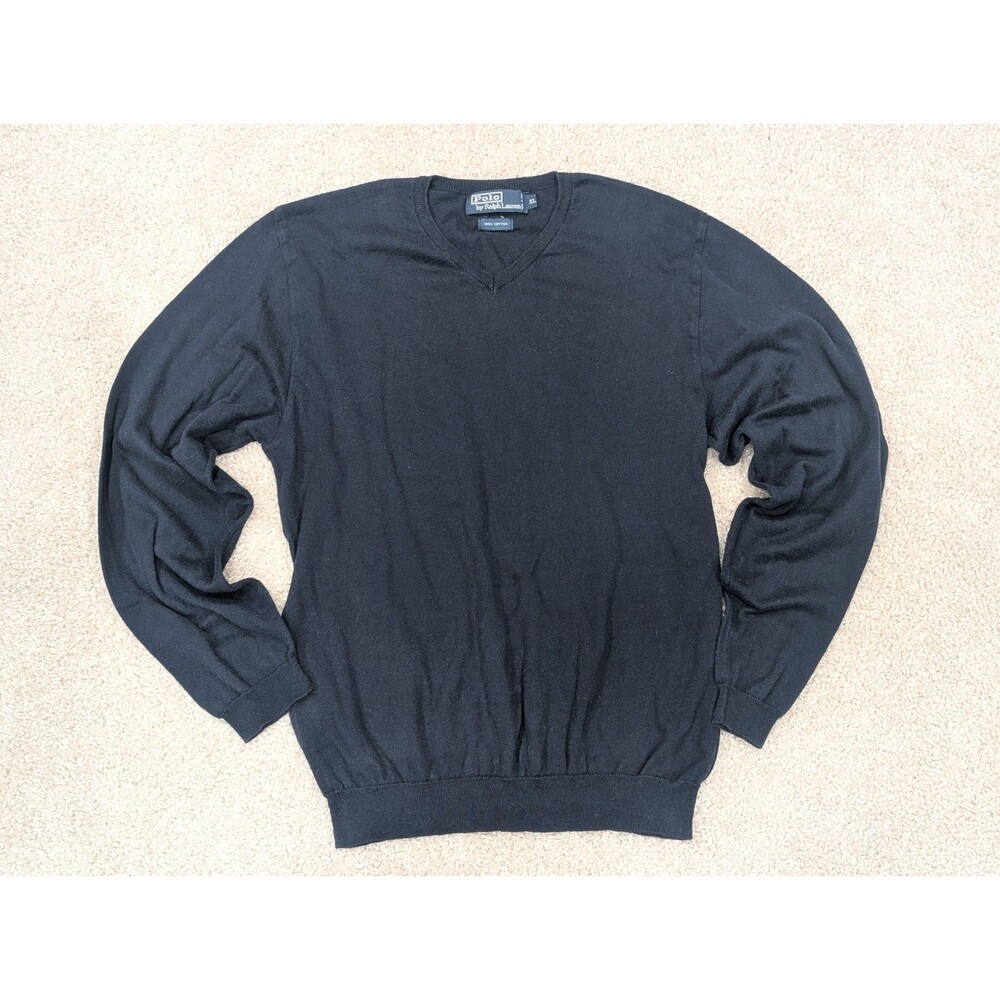 Vintage Polo Ralph Lauren V-Neck Sweater 100% Cotton Unisex Sz XL Blue Italy